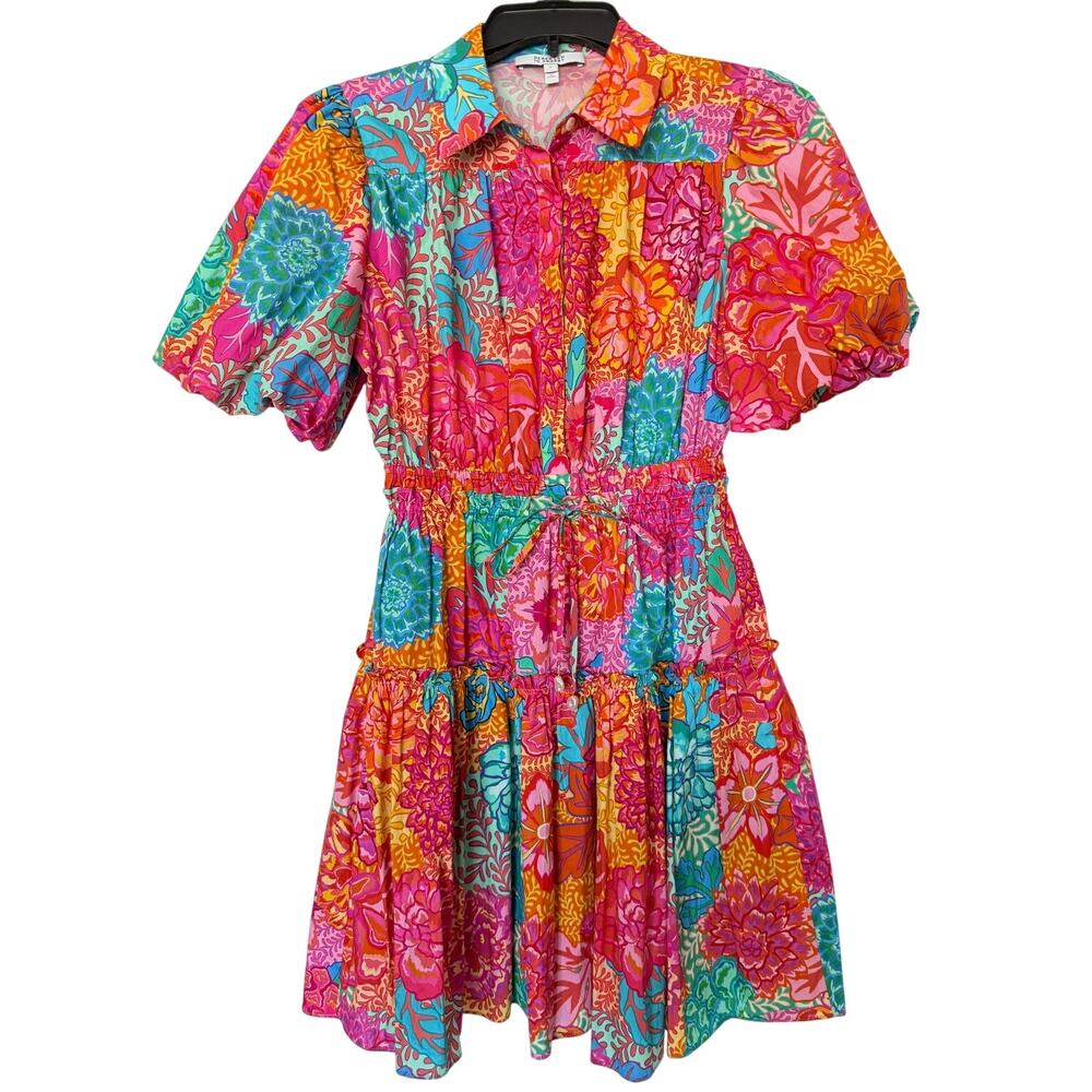Derek Lam 10 Crosby 4 Vibrant Floral Tiered 100% Cotton Puff Sleeve Mini Dress